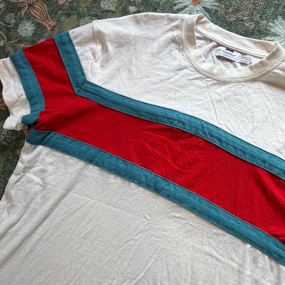 Topman Mens Large White Red Teal Colorblock Stripe Crew Neck T-Shirt 71I18SOFF